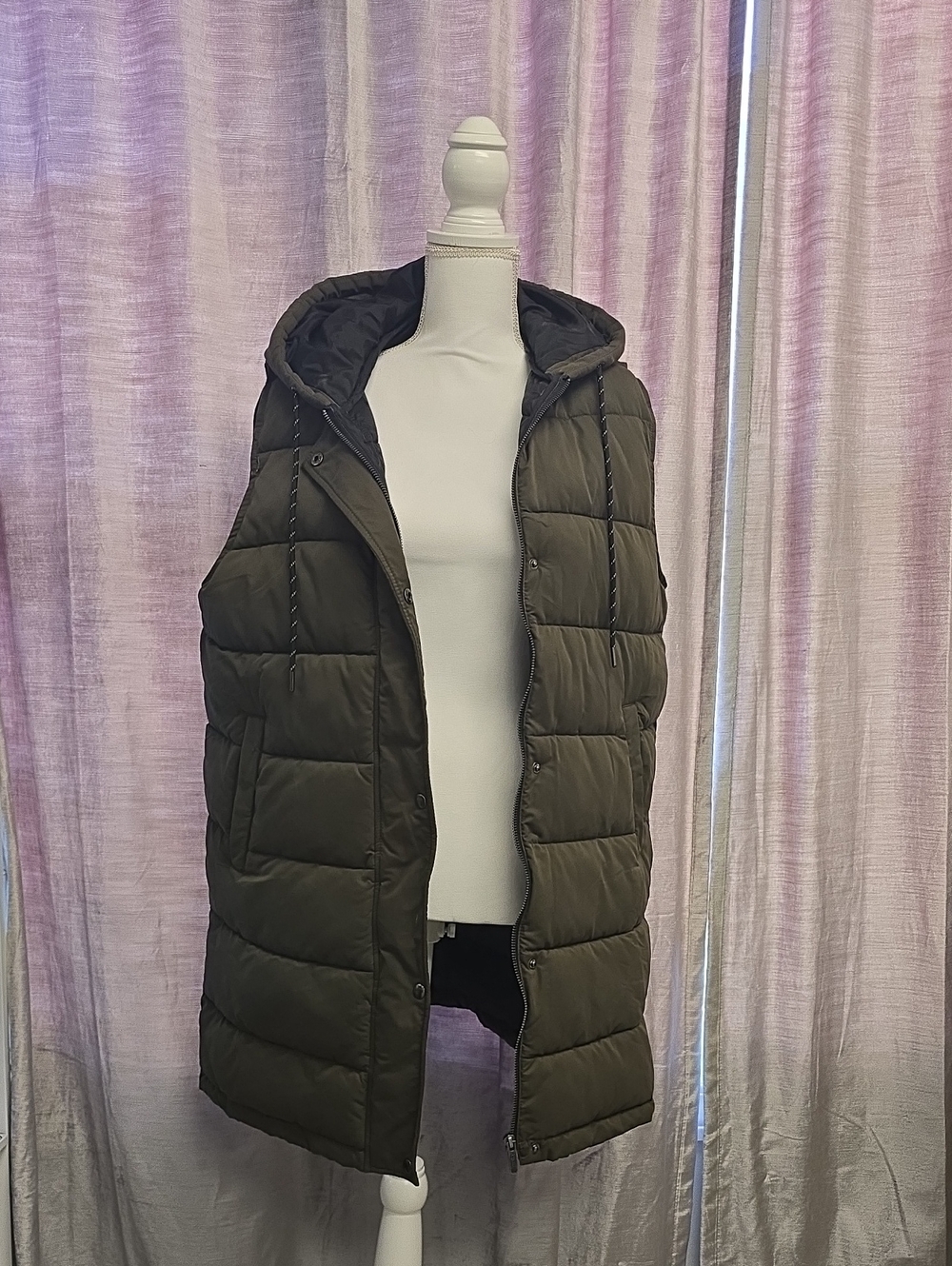 Zella Olive Green Longline Hooded Puffer Vest Medium M Nordstrom Layering